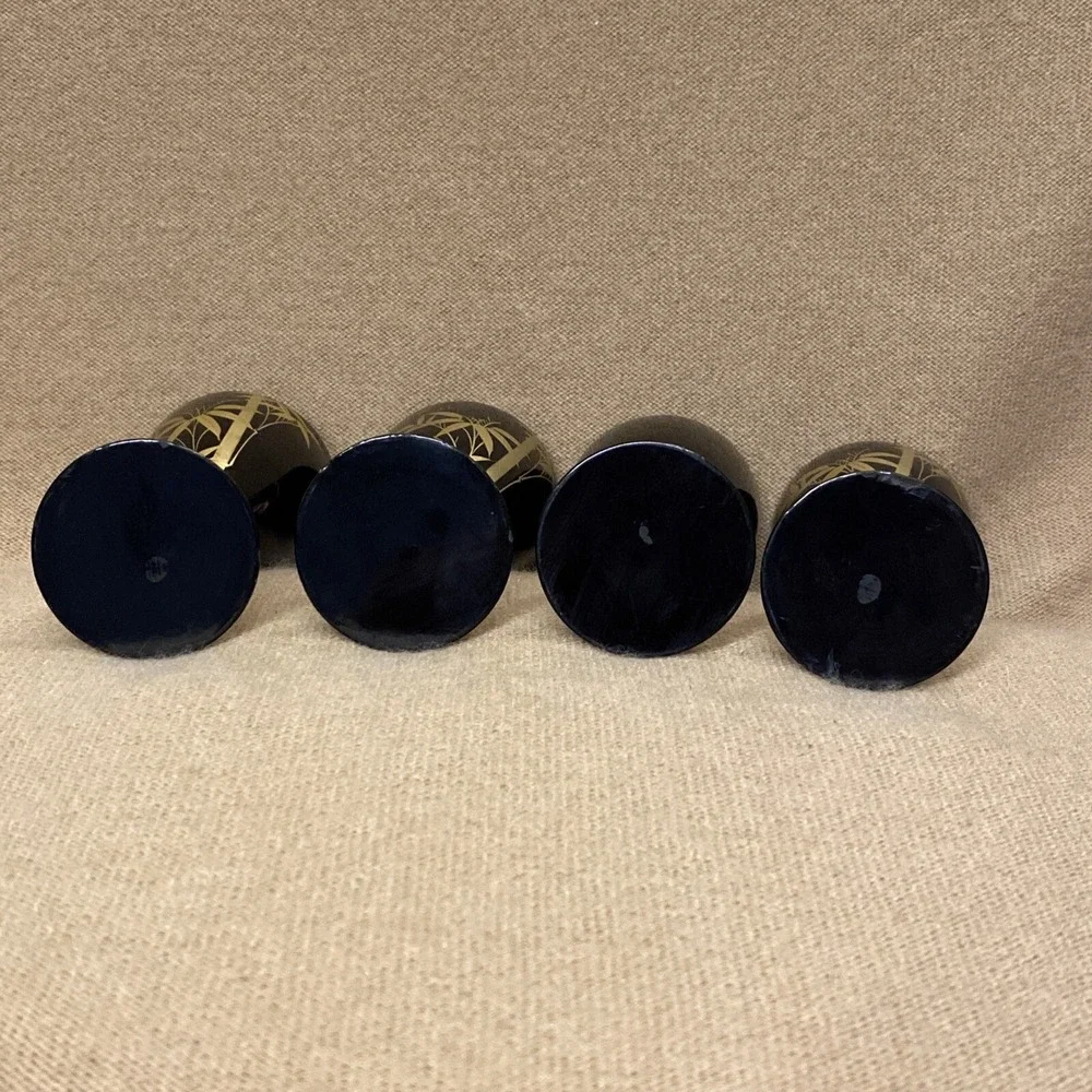 Set 4 Vtg Japan Sake Shot Bamboo Tree GoldPainted On BLACK LACQUER WOOD Stemware